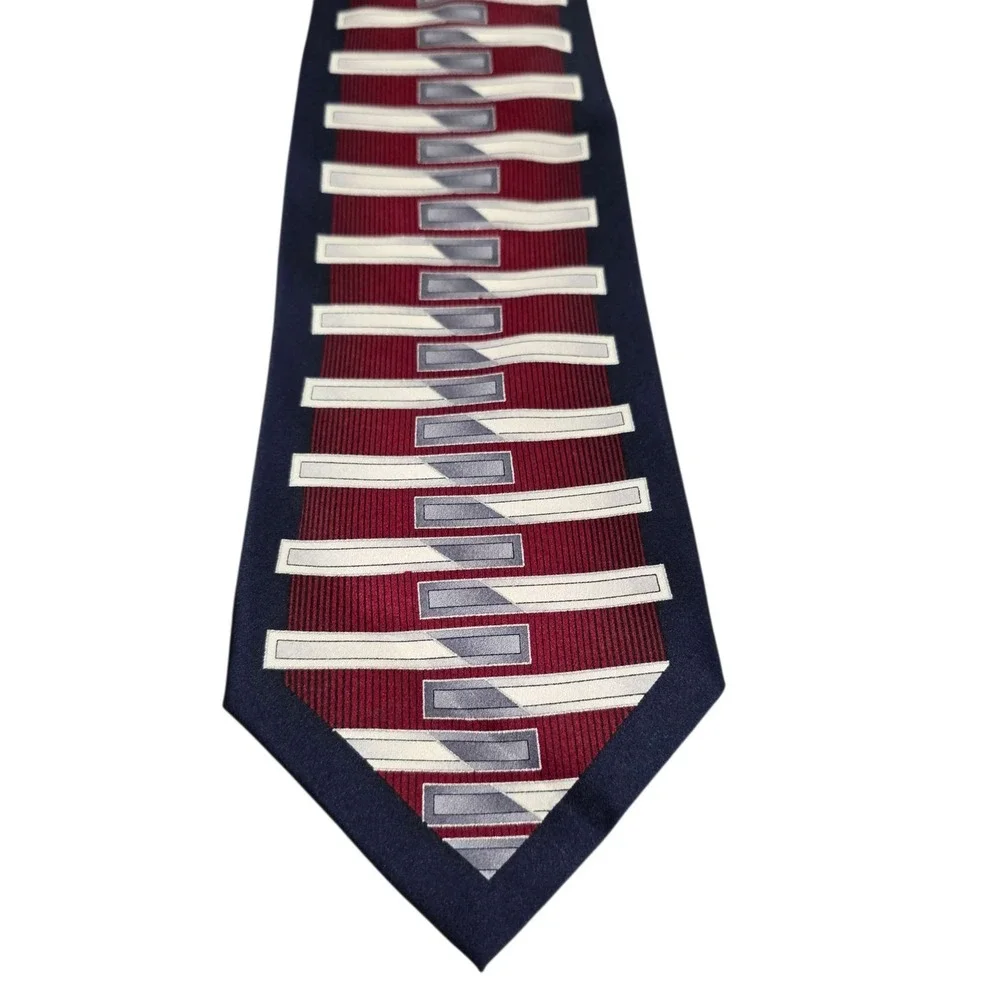 New Henri Picard‎ Mens Silk Striped Necktie Pocket Sq Burgundy Silver Geometric